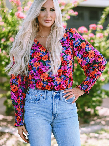 Elegant Floral Wrap V Neck Long Sleeve Body Suit