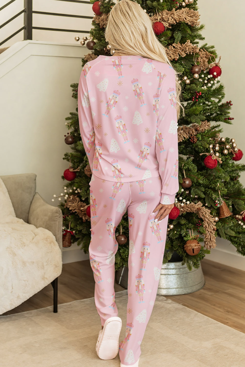 Pink Christmas Tree Nutcracker Print 2pcs Lounge Pant Set