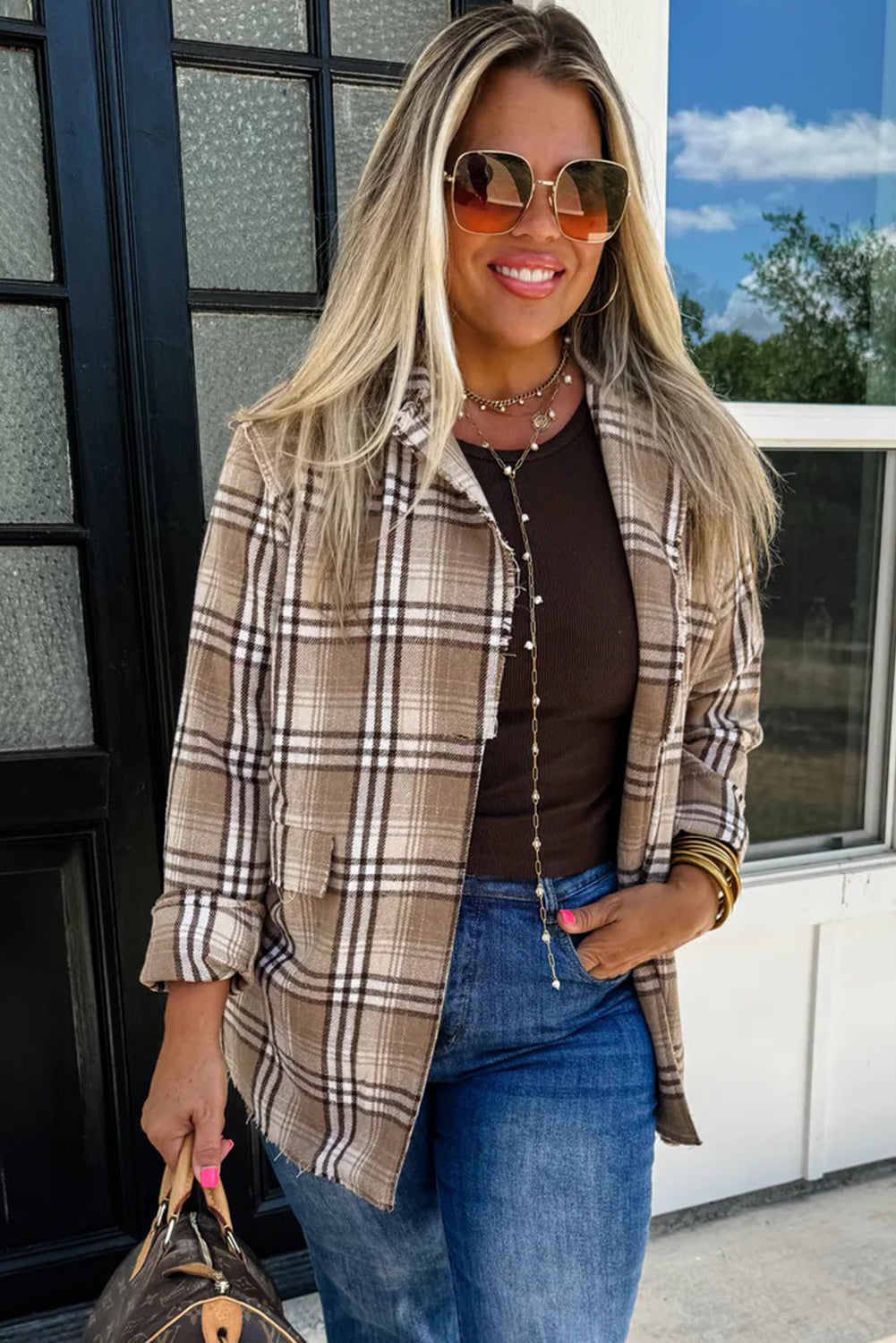 Khaki Raw Edge Plaid Open Front Shacket