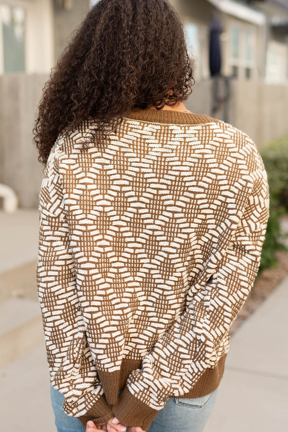 Khaki Patterned Knit Round Neck Sweater