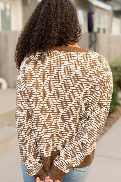 Khaki Patterned Knit Round Neck Sweater