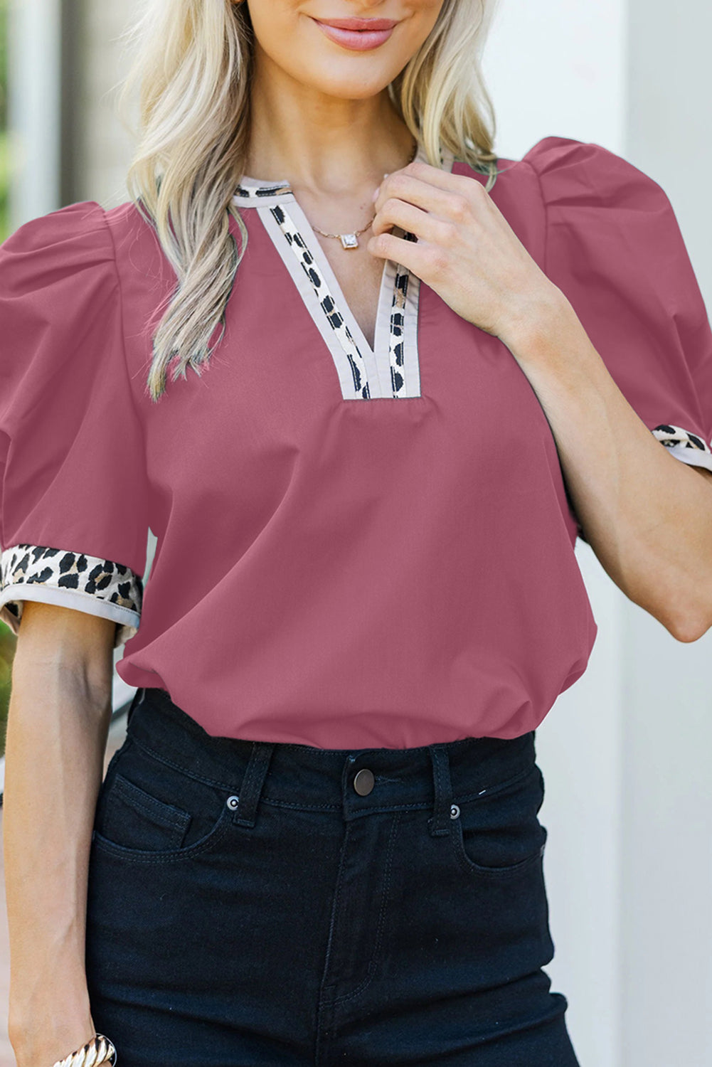 Red Dahlia Contrast Leopard Trim Split Neck Puff Sleeve Blouse