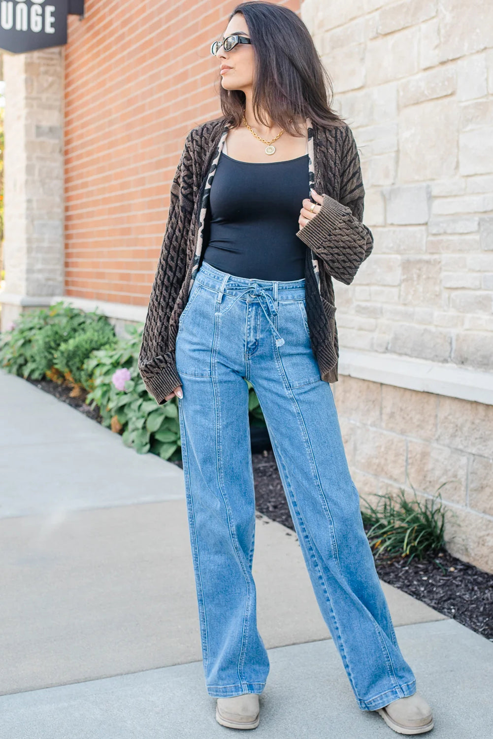 Chicory Coffee Mineral Wash Cable Knit Leopard Trim Open Front Sweater Cardigan