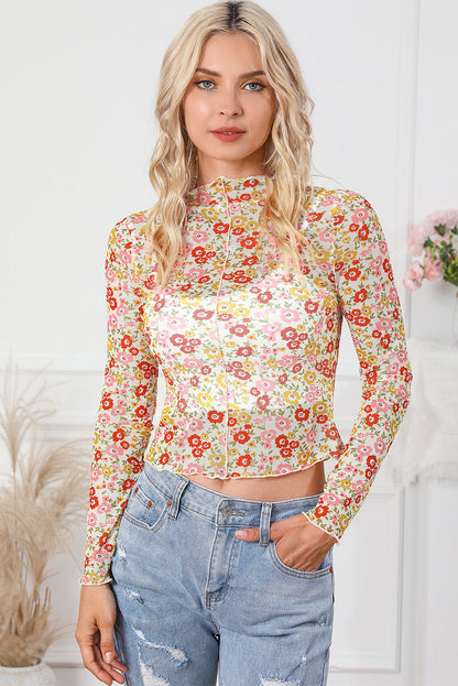Floral Print Lettuce Hem Long Sleeve Top with Multicolor Design