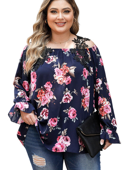 Navy Blue Floral Crochet Cold Shoulder Plus Size Blouse