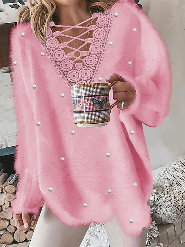 Women's Cardigan Sweater V Neck Fuzzy Knit Polyester Lace Trims Fall Winter Regular Outdoor Going out Weekend Stylish Casual Soft Long Sleeve Pure Color White Pink S M L