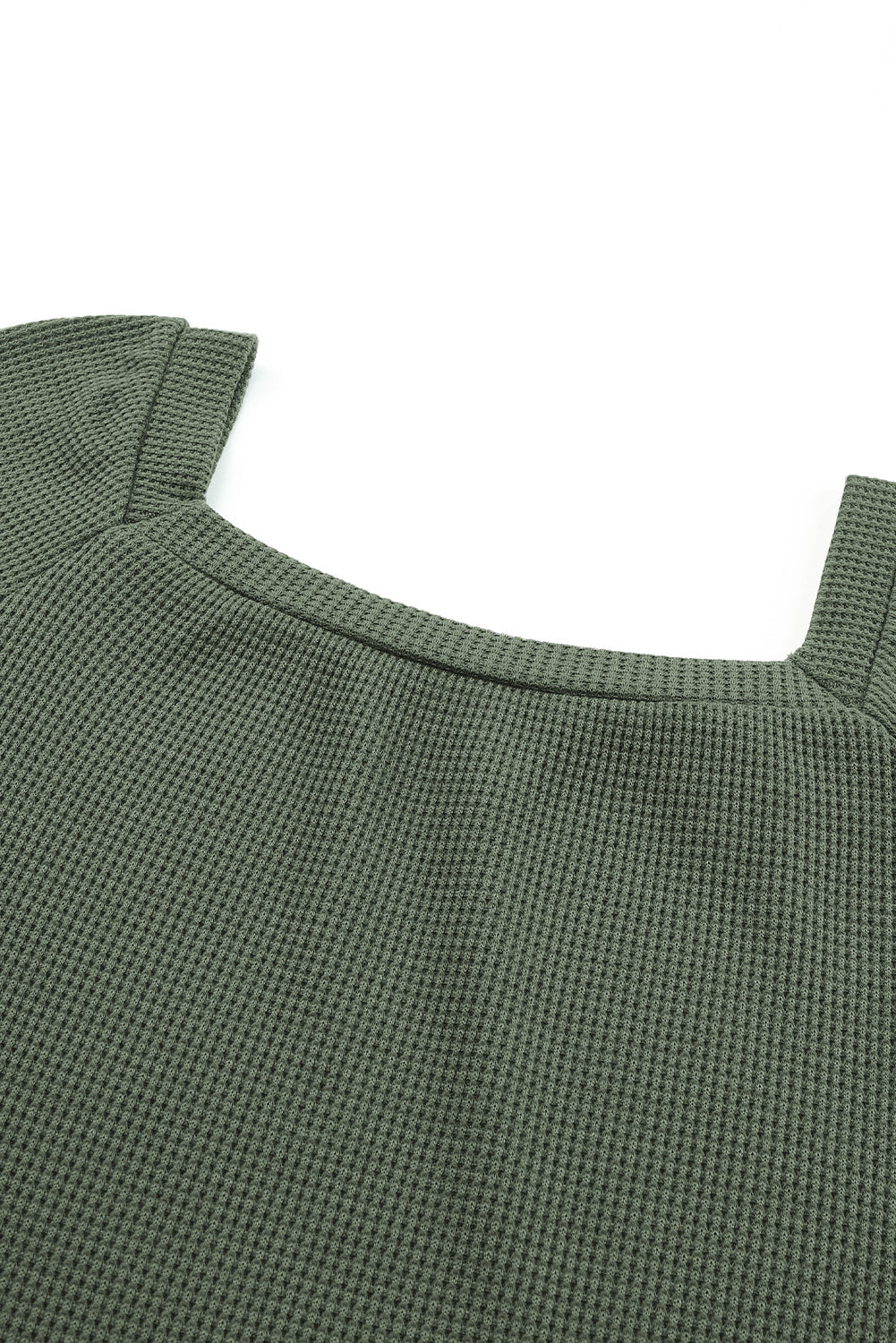 Green Square Neck Loose Fit Waffle Knit Long Sleeve Top