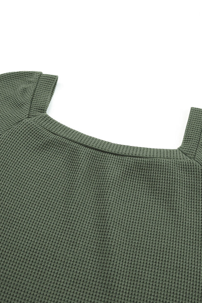Green Square Neck Loose Fit Waffle Knit Long Sleeve Top