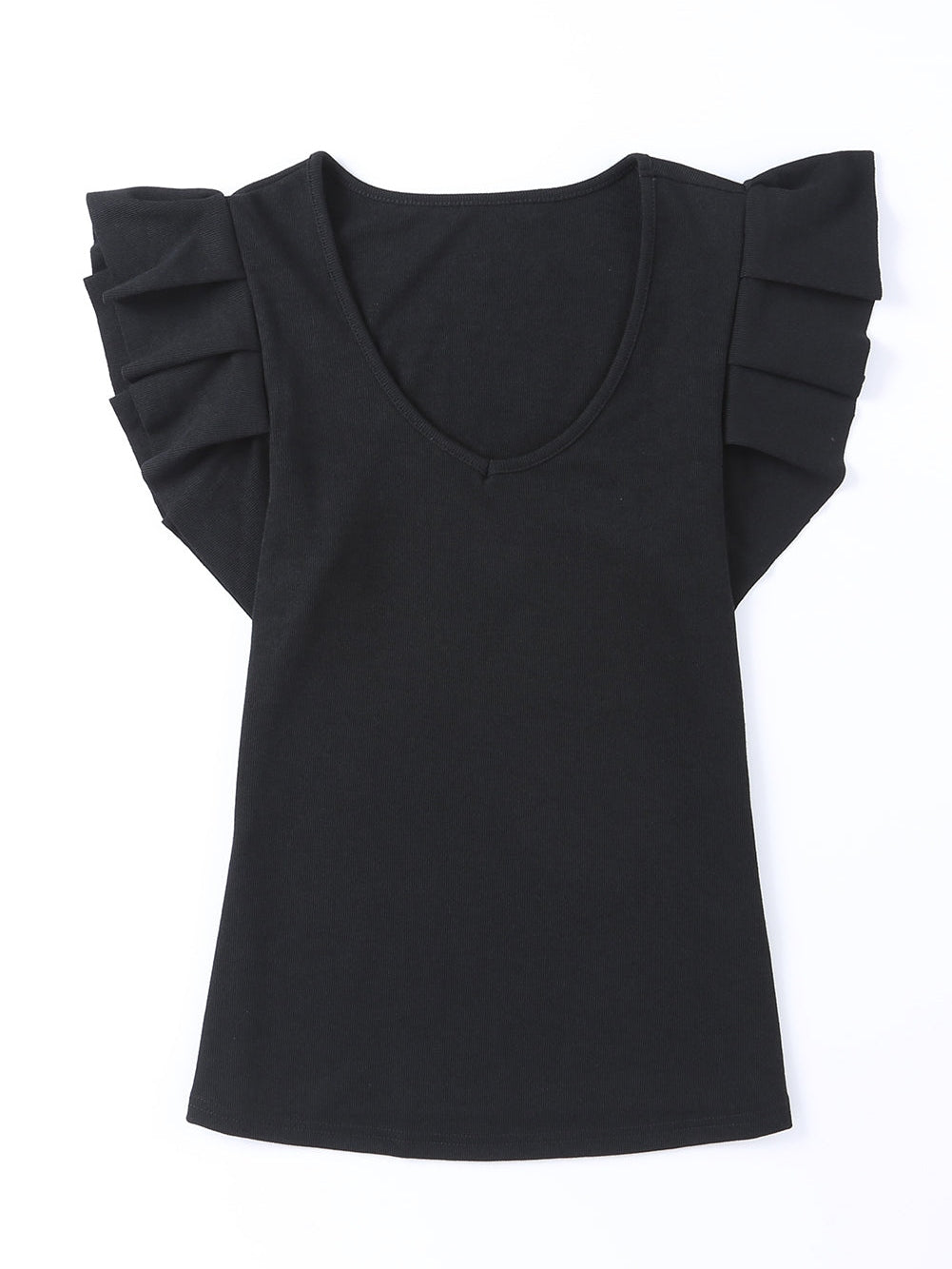 Elegant Black Ribbed Ruffle Sleeve U Neck Top