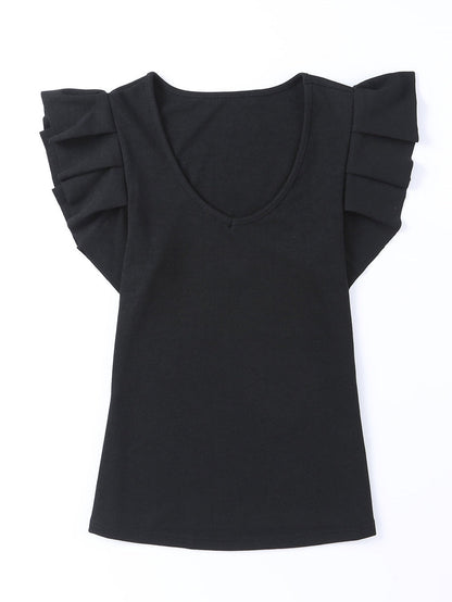 Elegant Black Ribbed Ruffle Sleeve U Neck Top