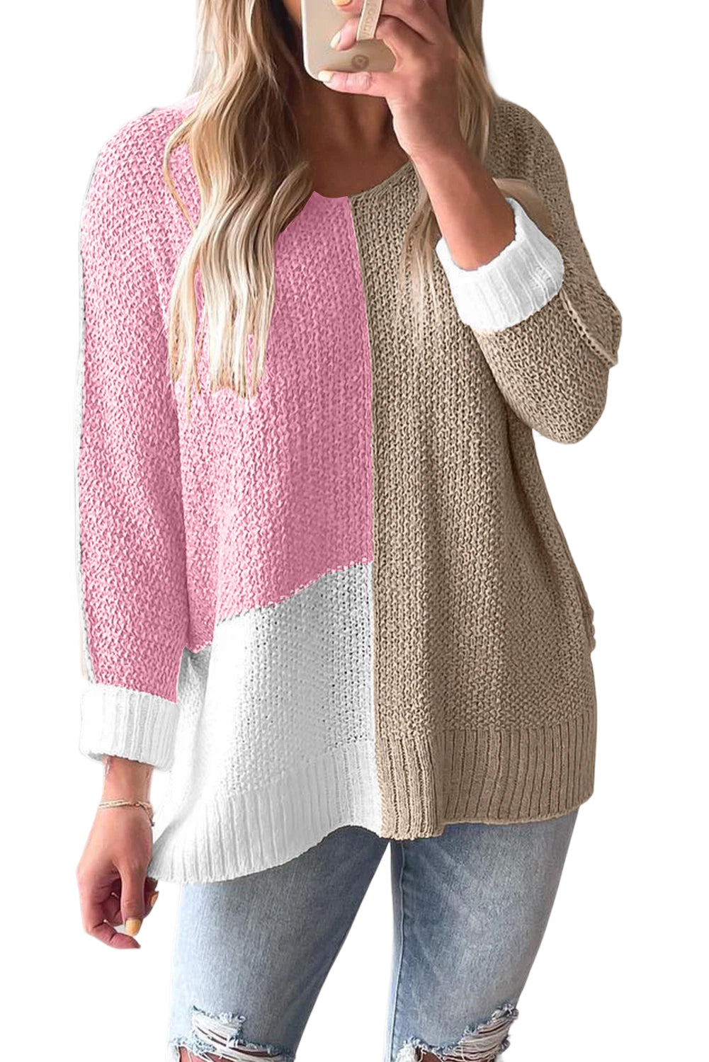 Pink Color Block Knit V Neck Loose Sweater