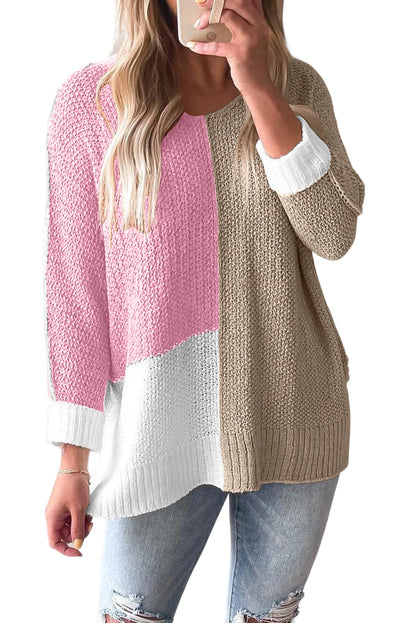 Pink Color Block Knit V Neck Loose Sweater