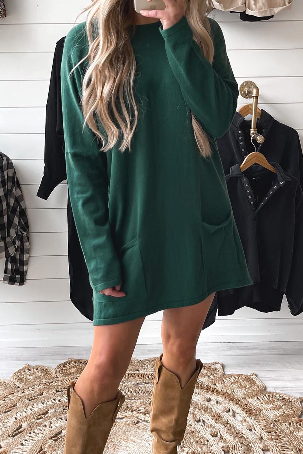 Blackish Green Double Patch Pocket Drop Shoulder Long Sleeve Mini T Shirt Dress