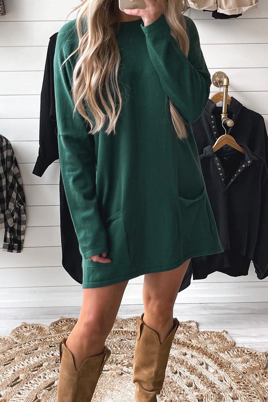 Blackish Green Double Patch Pocket Drop Shoulder Long Sleeve Mini T Shirt Dress