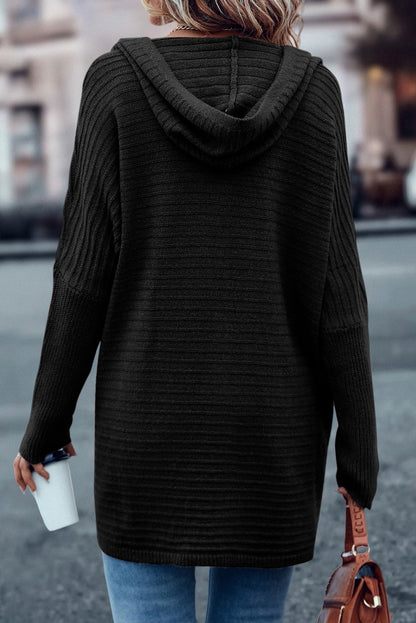 Black Ribbed Knit Hooded Cardigan for Stylish Autumn Layering
