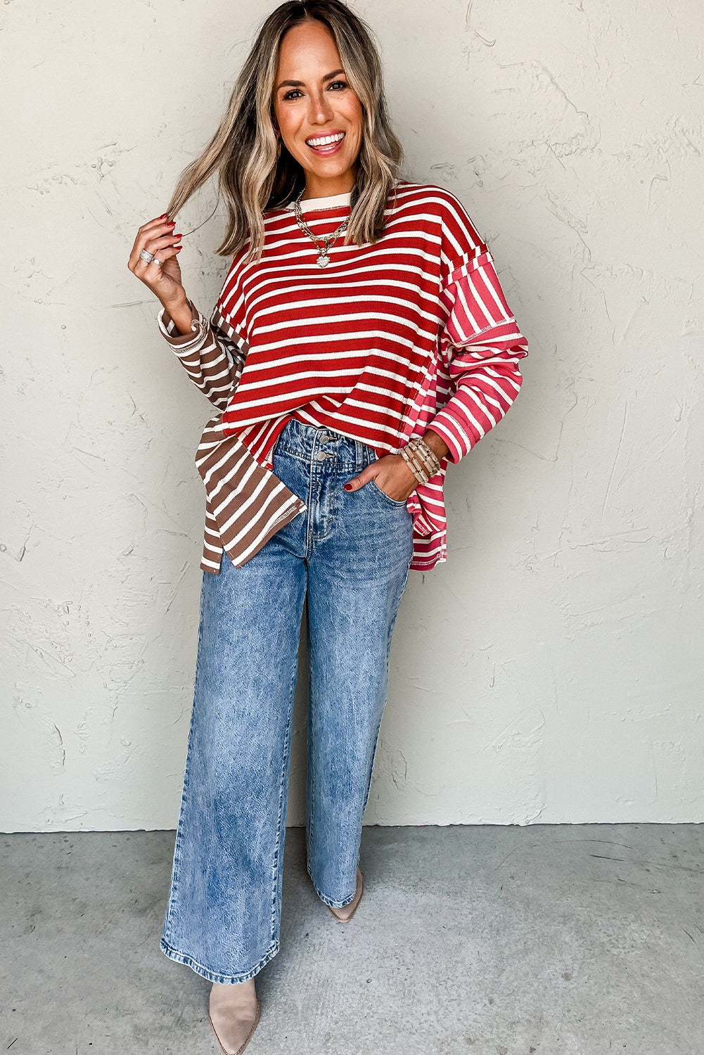 Red Stripe Colorblock Drop Shoulder Loose Long Sleeve Top