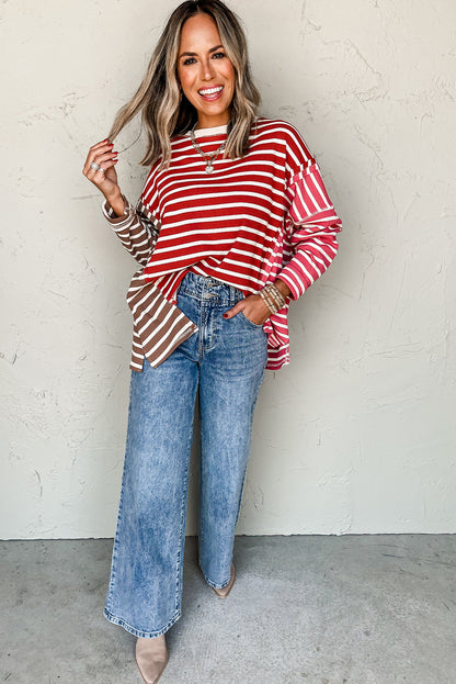 Red Stripe Colorblock Drop Shoulder Loose Long Sleeve Top