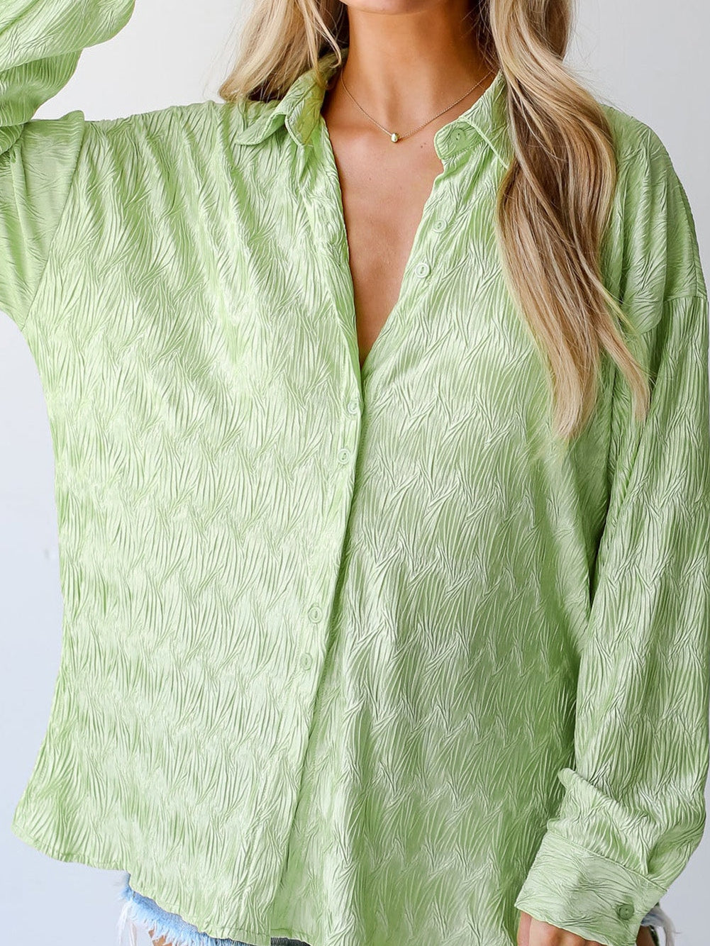Green Slit Texture Oversized Collared Shirt