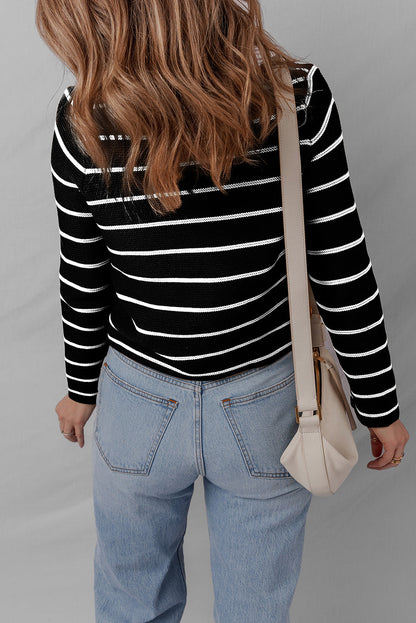 Black Stripe Tie Front Striped Knit V Neck Cardigan Sweater