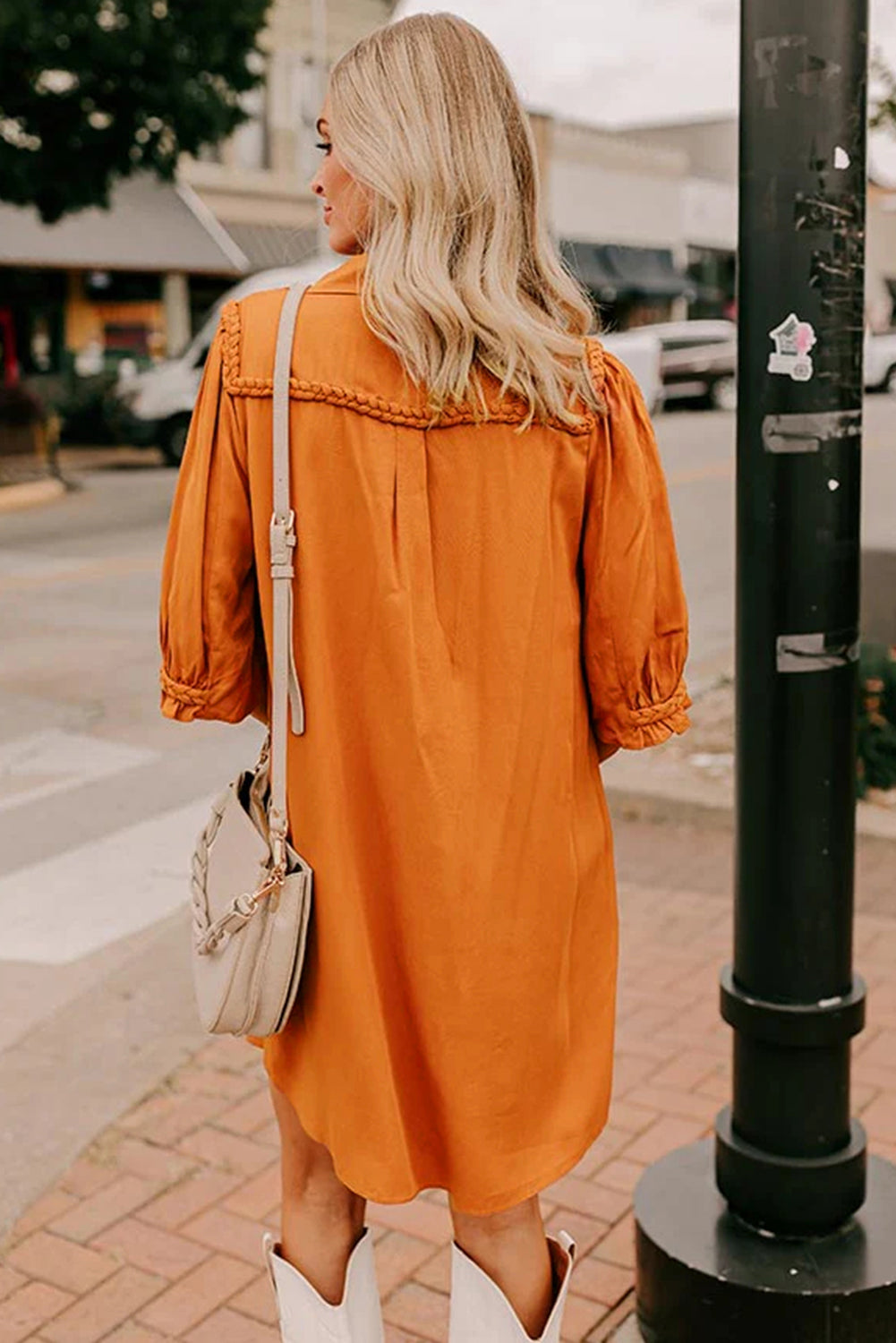 Russet Orange Solid Color 3/4 Sleeve Braided Detail Button Down Mini Shirt Dress