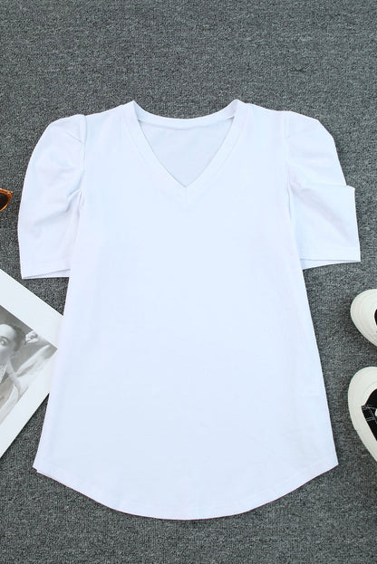 Elegant White Puff Sleeve V-Neck Top
