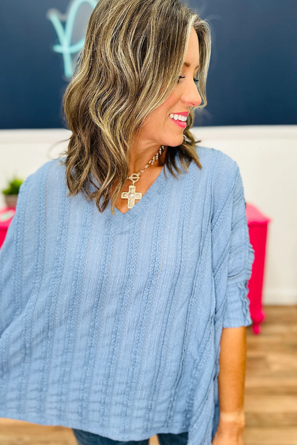 Myosotis Lacy Striped Texture 3/4 Sleeve Dolman Blouse