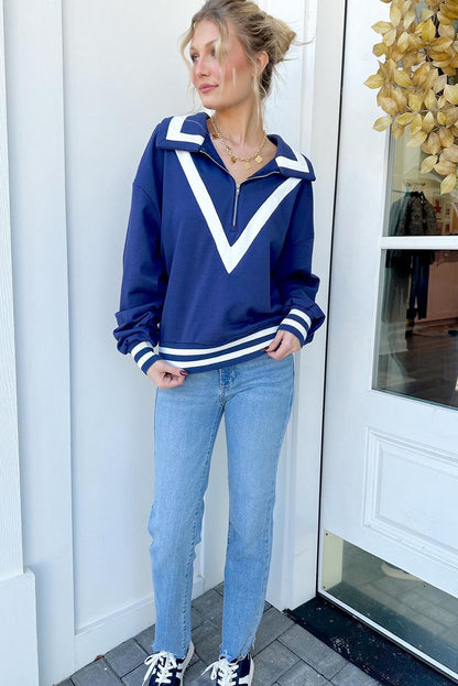 Navy Blue Nautical Striped Collar Quarter Zip Pullover Sweatshirt
