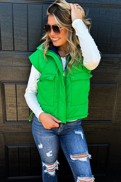 Green Color Block Liner Patchwork Snap Button Zip Up Winter Vest