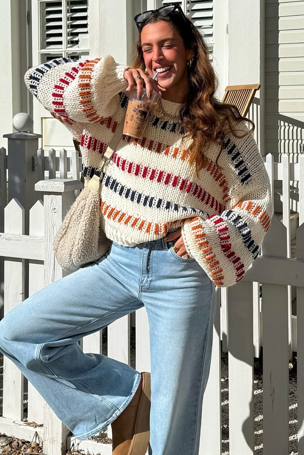 Beige Stripe Playful Knit Drop Shoulder Puff Sleeve Sweater