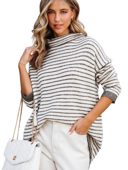 Khaki Striped Turtleneck Knit Sweater for Women