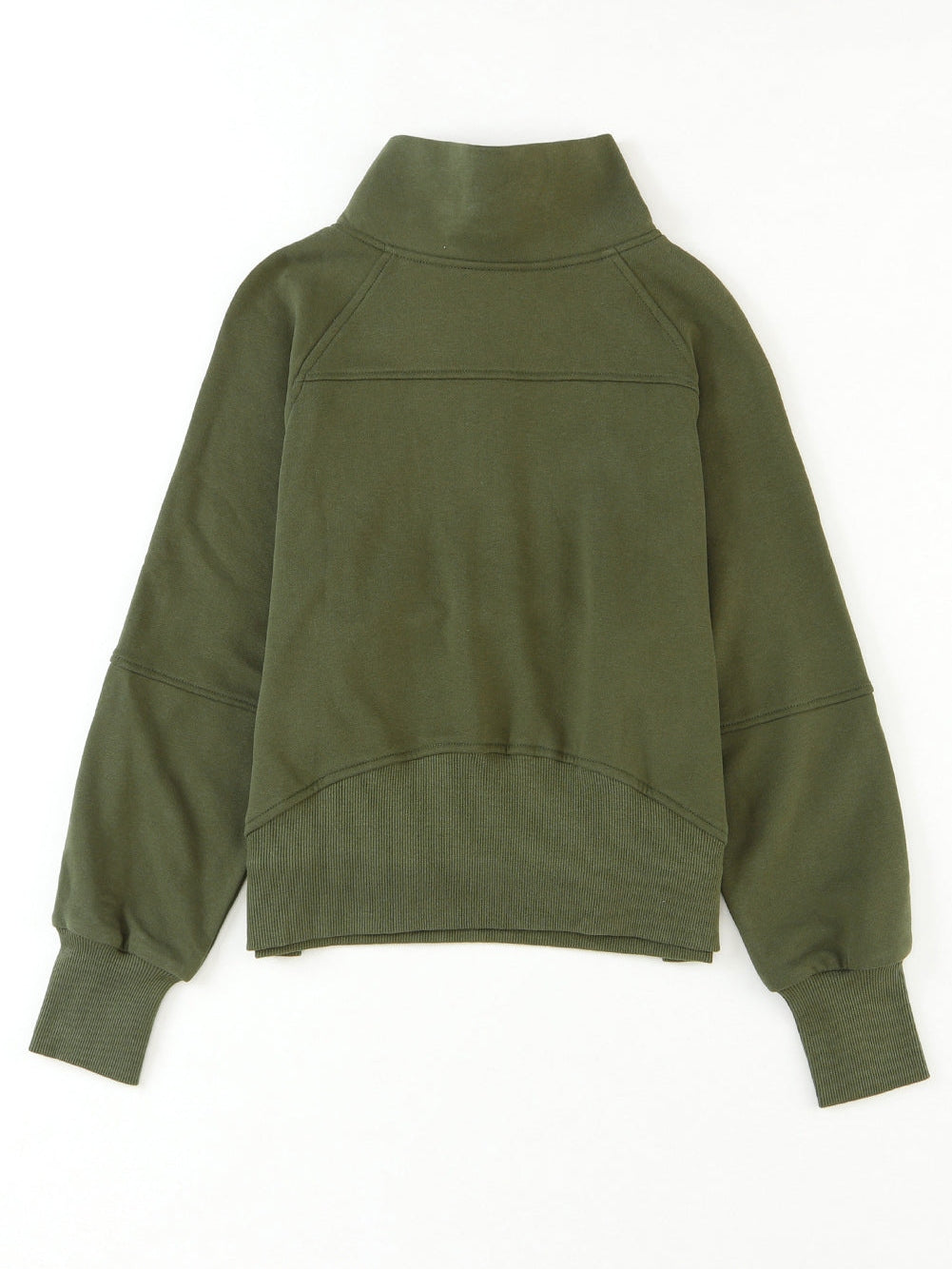 Green Ribbed Stand Collar Thumbhole Sleeve Casual Sweatshirt with Zipper