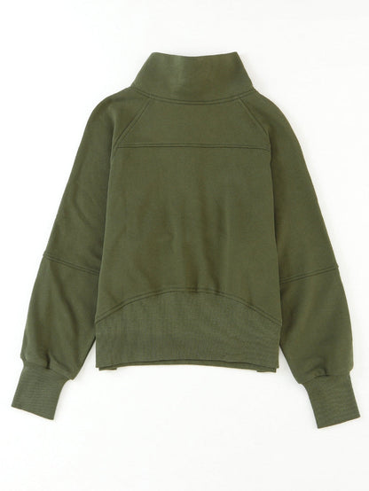 Green Ribbed Stand Collar Thumbhole Sleeve Casual Sweatshirt with Zipper