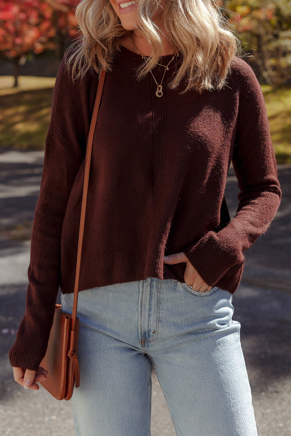 Burgundy Solid Ribbed Knit Drop Shoulder Crew Neck Sweater