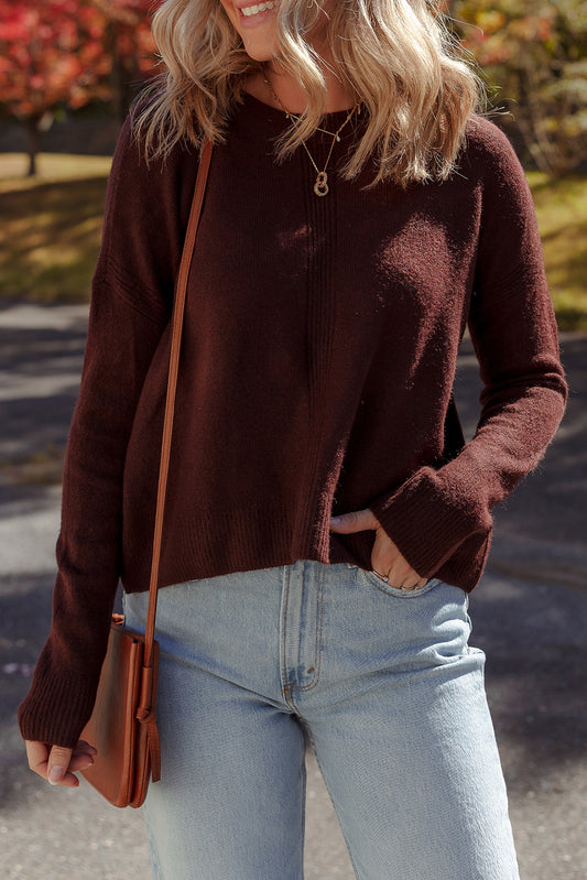 Burgundy Solid Ribbed Knit Drop Shoulder Crew Neck Sweater