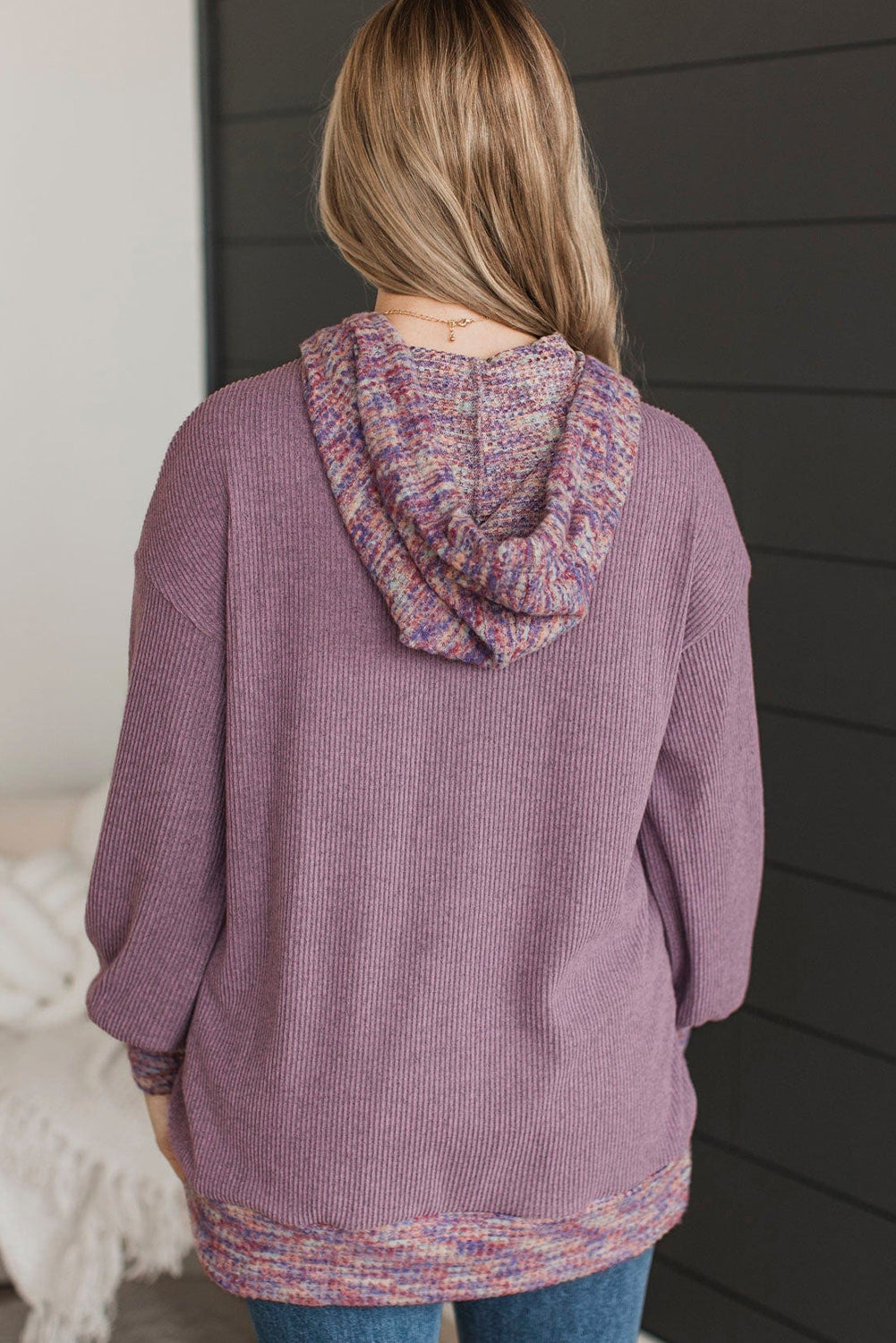 Toadstool Ribbed Texture Contrast Trim Drawstring Hooded Long Sleeve Top