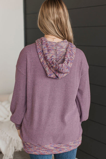 Toadstool Ribbed Texture Contrast Trim Drawstring Hooded Long Sleeve Top
