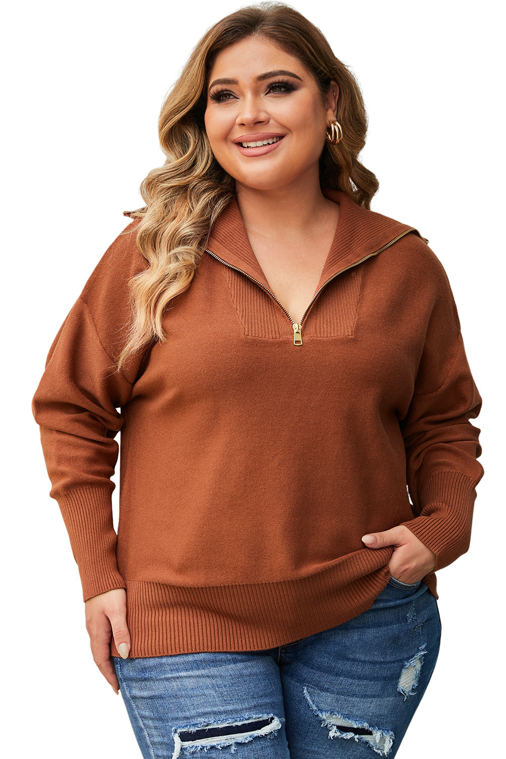 Cozy Brown Zip-Up Collar Plus Size Sweater with Ribbed Detail