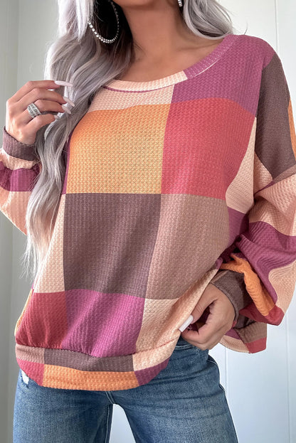 Rose Red Checkered Print Textured Knit Long Sleeve Loose Top