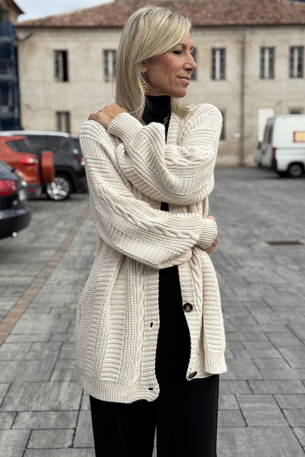 Beige Cable Knit Button V Neck Oversize Sweater Cardigan