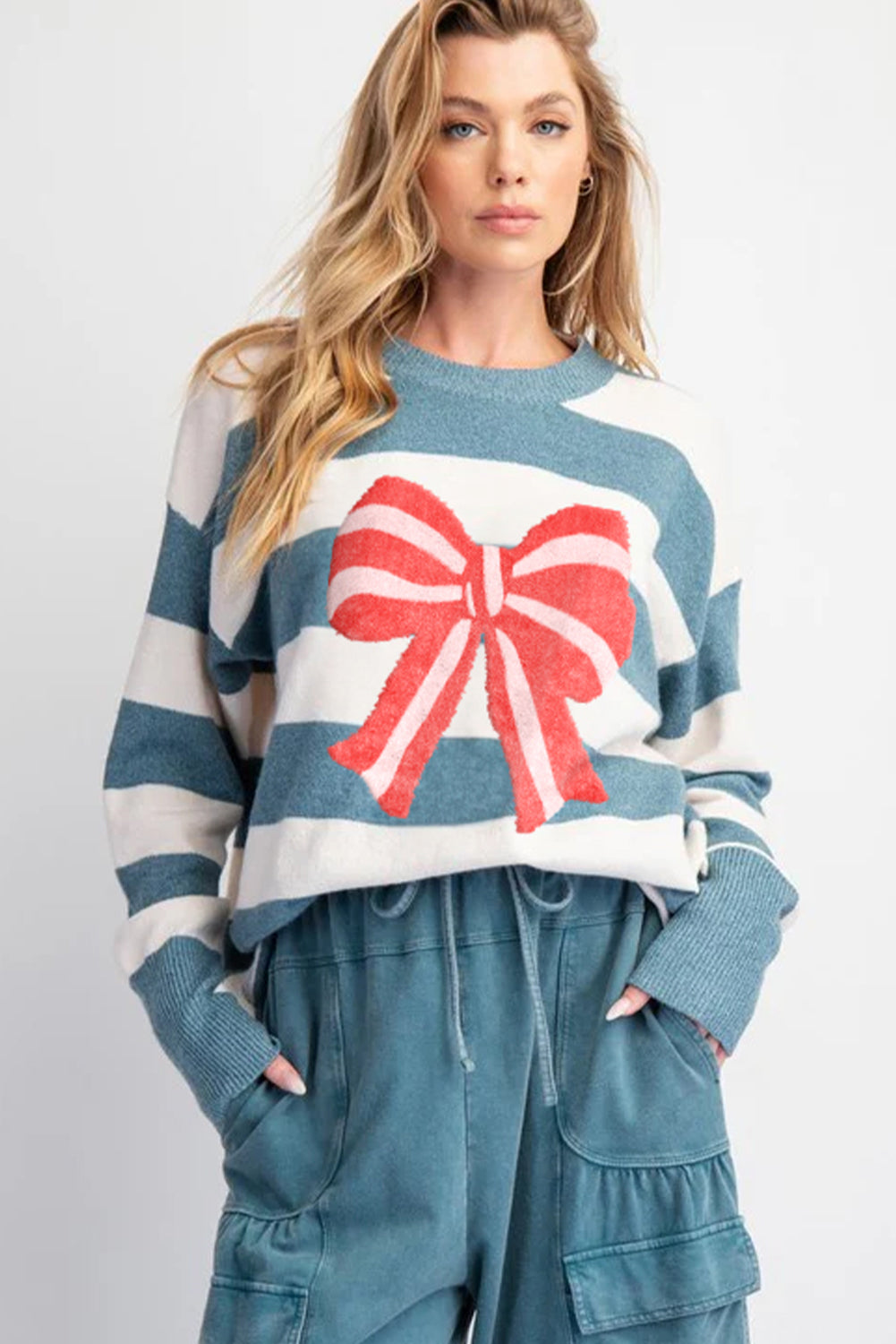 Blue Stripe Contrast Bowknot Graphic Ribbed Edge Drop Shoulder Crew Neck Bulk Sweater