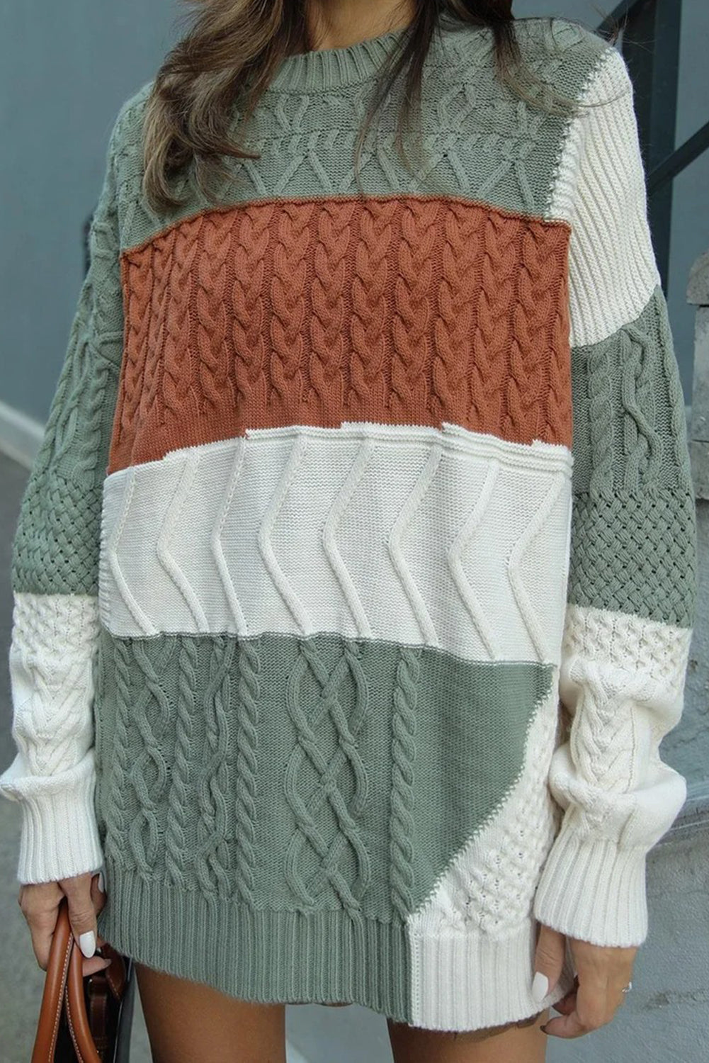 Green Cable Mix Texture Color Block Knit Baggy Sweater