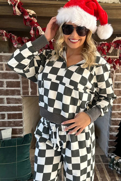 Gray Checkered Print Half Zip Hoodie