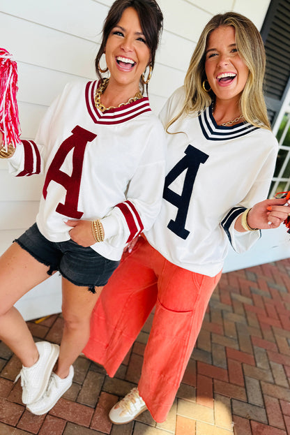 Red Dahlia Chenille Letter A Graphic Varsity Striped V Neck Puff Sleeve Sweatshirt