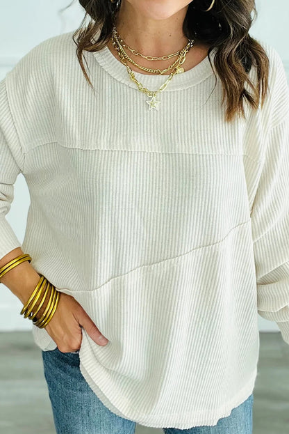 White Solid Color Ribbed Knit Exposed Seam Patchwork Long Sleeve Top
