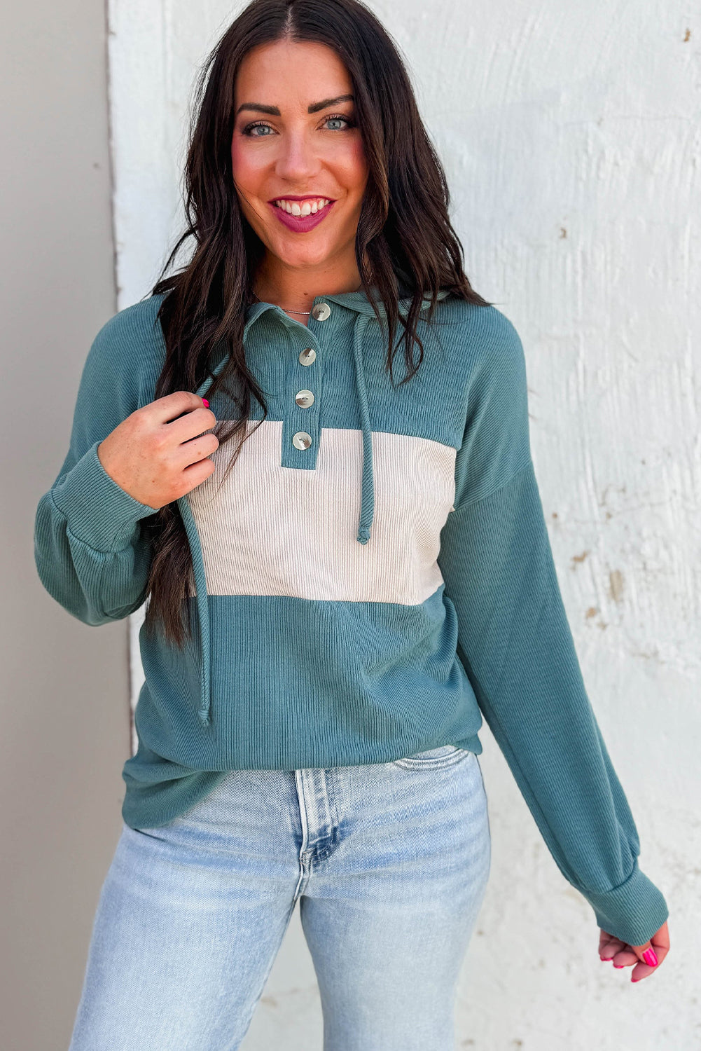 Canton Color Block Ribbed Knit Button Neck Drop Shoulder Hoodie