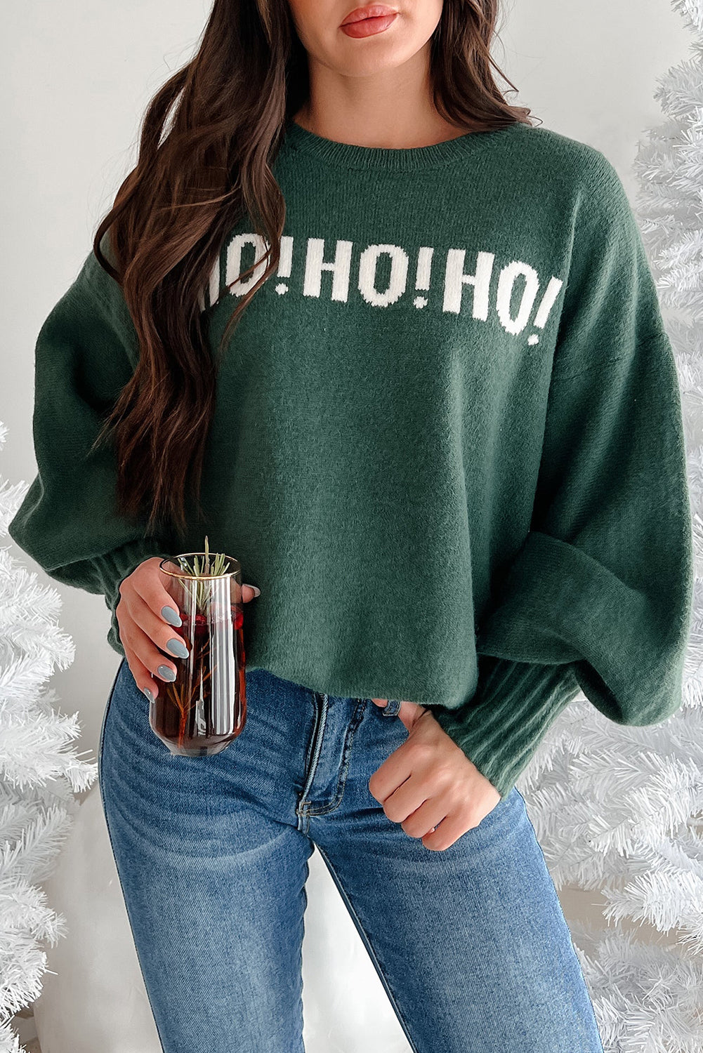 Blackish Green MERRY CHRISTMAS HO HO HO Drop Shoulder Loose Sweater