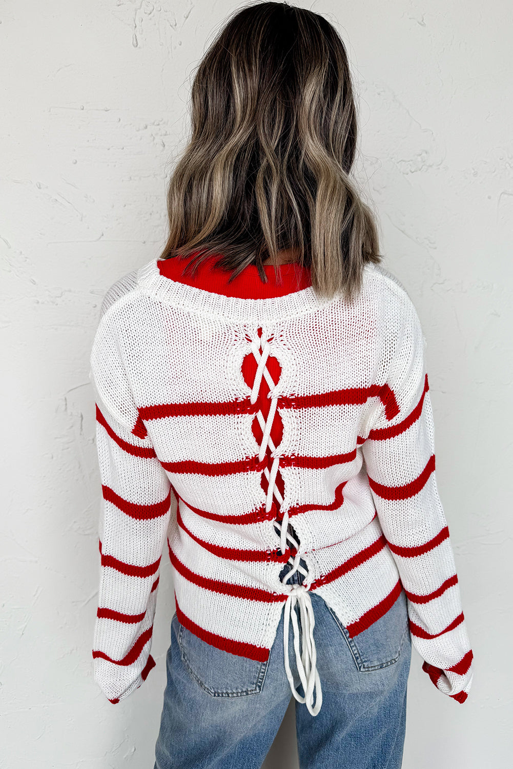 Red Stripe Lace Up Back Round Neck Sweater