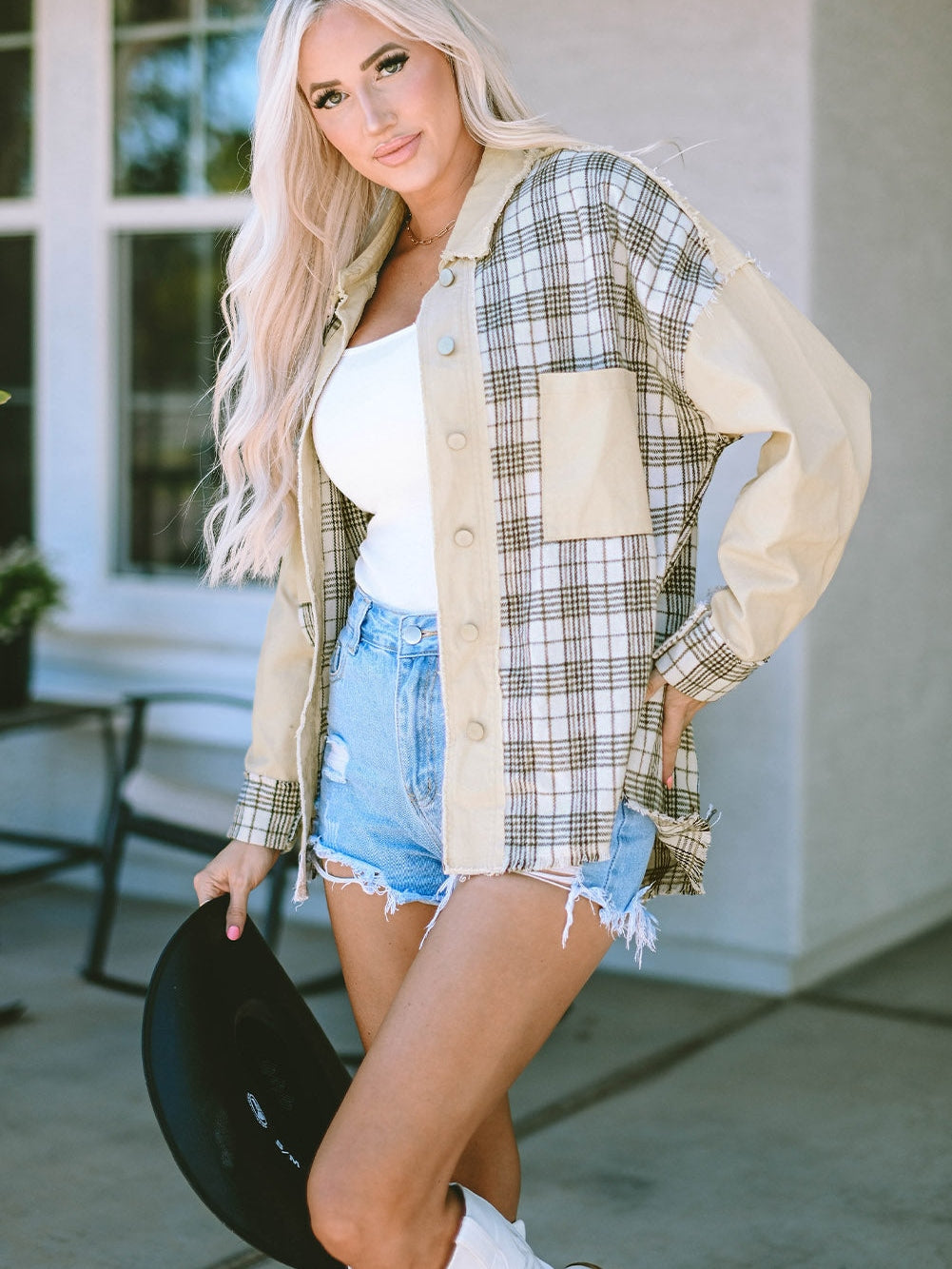 Khaki Plaid Patchwork Denim Shacket - Distressed Edges