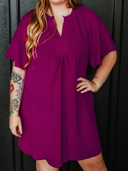 Rose Red Notched Neck Wide Sleeve Pleated Plus Size Dress