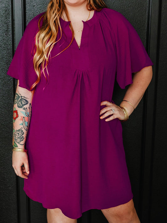 Rose Red Notched Neck Wide Sleeve Pleated Plus Size Dress